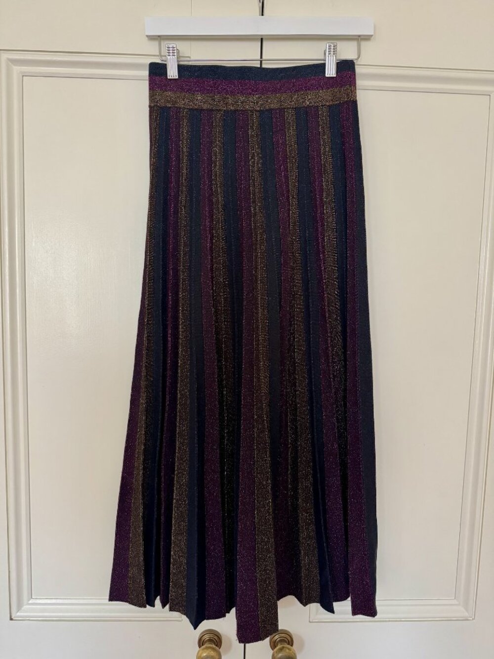 ME+EM Metallic Stripe Pleated Knit Midi Skirt Navy Plum Gold Lurex Elastic XS
